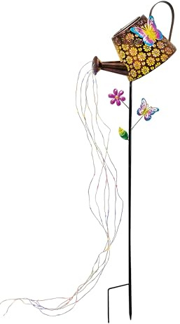 Coopers of Stortford - Multi-Coloured Solar Watering Can - LED Garden Light Feature - Metal Stake with Floral & Butterfly Cut-Outs - Flowing Water Effect - Outdoor Solar Décor