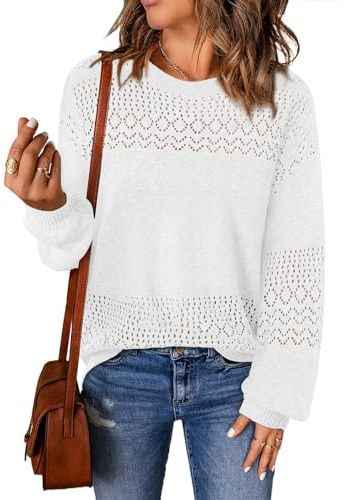 Lylinan Suéteres casuales bohemios de manga larga para mujer, cuello redondo, ligeros, de ganchillo, suéter de punto, Blanco (Pure-white), XL