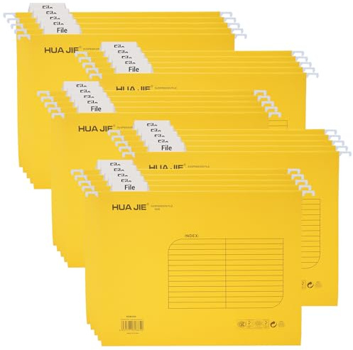 Hiziwimi Fc (Foolscap) Größe Gelb verstärkte Papier-Suspensions-Ordner, [Packung mit 25], Hängeordner Foolscap mit Tabs und Einsätzen, Hängeregistrator-Suspensions-Ordner für Büro