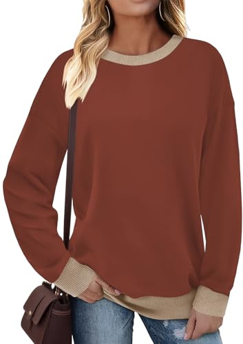Cuptacc Sweatshirt kvinnor jumper rund hals långärmad t-shirts kvinnor toppar färgblock eleganta skjortor, Brun, M