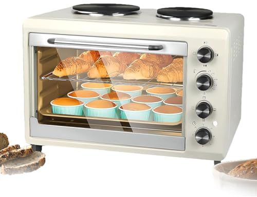 Mini Four 56L, cuisinière de comptoir électrique 2000W avec Plaque de Cuisson à Double Plaque et Grille, température et minuterie réglables, Fours à Grill à Table pour légumes sautés,
