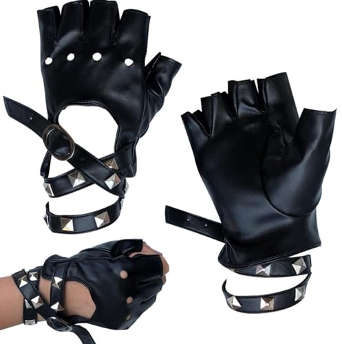Rivet Decor - Mezzi guanti senza dita in ecopelle nera, guanti punk con borchie cave, guanti da motociclista rock per bambini e donne, accessori per abbigliamento da danza, guanti per cosplay, feste a