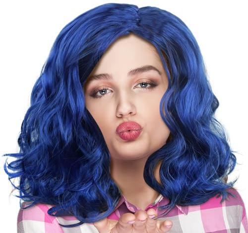 Sghtil Blaue Perücke, Anime-Perücke, kurz, lockig, gewellt, lockig, lockig, für Frauen, Schulterlänge, Erwachsene, Frauen und Mädchen
