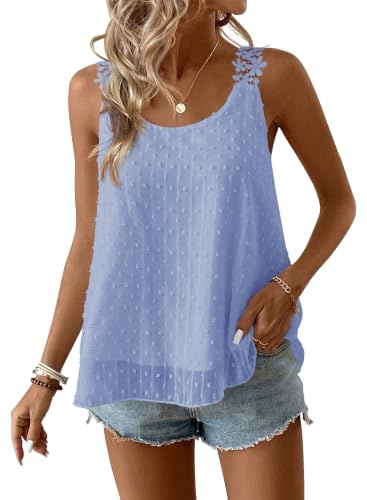 TUUHAW Vest Tops Women UK Sleeveless Summer Boho Scoop Neck Spaghetti Strap | Casual Flowy Tank Top, Basic Lace Camisole, Swiss Dot Shirt, Loose Chiffon Blouses, Spring Curved Hem Daily Wear Clothing