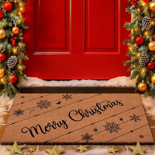 Lanpn Weihnachten Fußmatte Kokosmatte, Winter Merry Christmas rutschfeste für Terrasse Eingang Türmatte Badezimmer Matte für Innen Außen Bodenmatte Badezimmer Wohnzimmer Dekor 42x75cm (Braun)