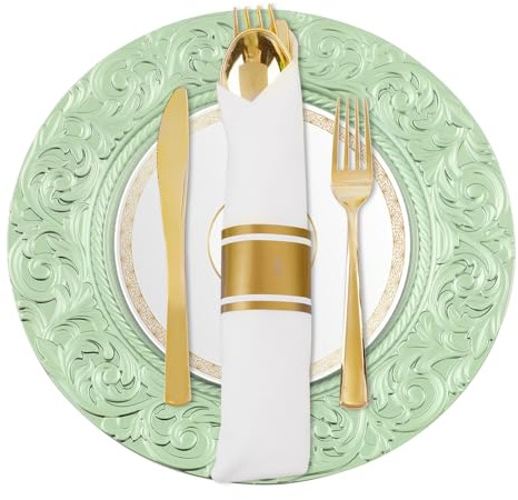 ROGONPDK Pack of 24 Hard Plastic Charger Plates | Western-Style Dessert Plate Set with Embossed Rim | Reusable Breakfast and Dessert Plate Sets | 33Cm Round Charger for Dinner-Plate (Green)
