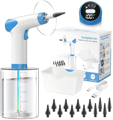 Featjoy Ear Wax Removal Kit, 2026 Electric Ear Cleaner with 12 Cleaning Modes & Real-Time Water Temp, Effective Ear Flushing Irrigation System for Multiple Earwax of Adults Kids, with 12 Tips, Basin