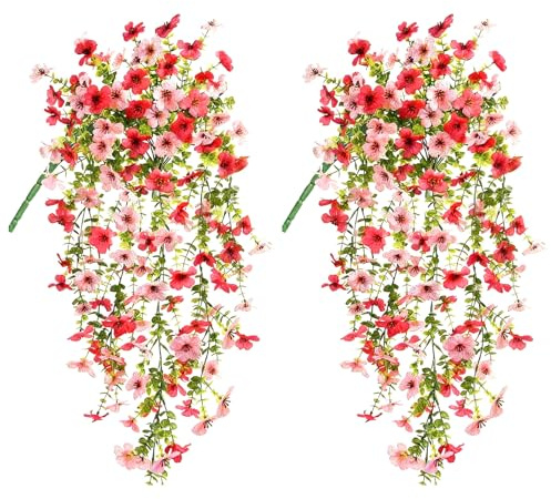 2 Pcs Artificial Hanging Flowers Outdoor Indoor, Realistic Fake Hanging Flowers Plants, UV Resistant Faux Trailing Plants Outdoors for Garden Home Patio Yard Wedding Decorations(Pink + Rose Red)