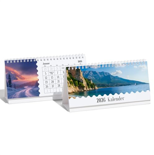Cimpress Tischkalender 2026 mit Natur- und Landschaftsmotiven der Jahreszeiten, 12 Monate, Wire-O-Bindung, 10,5 × 21 cm, für Büro, Schule oder Homeoffice