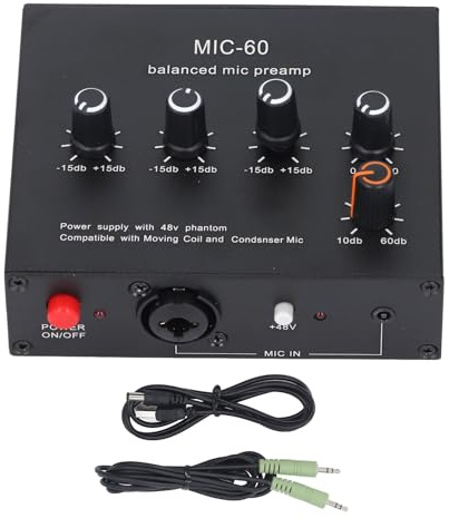 Fafeicy Micrófono Preamplificador de Ganancia de Micrófono con 3.5 Mm de 6.5 Mm Xlr Entradas 60dB Ganancia 48V Potencia para Micrófonos de Condensador Dinámico Home Studio Live