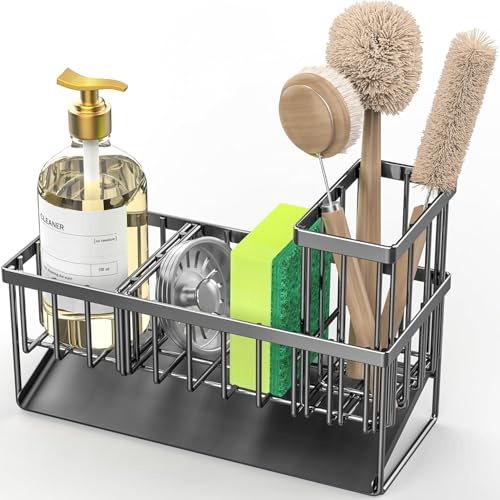Kitchen Sink Caddy Sponge Holder with Brush Holder and Dishcloth Holder | Self-Draining Sink Tidy Caddy with Removable Sponge Holder Brush Holder for Countertop Kitchen Storage Organisation