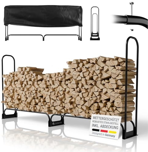 Juskys Kaminholzregal L - 260 x 117 x 36 cm – Schwarz, Brennholzregal aus Stahl mit Abdeckung, Holzunterstand für Garten & Terrasse, 300 kg belastbar