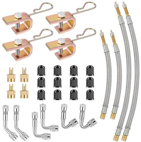 4 Pieces Valve Stem Extensions, Dual Flexible Stainless Steel Braided Valve Stem Extenders, 6 Pieces 45 90 135 Degree Brass Valves Adaptors for Most Cars Truck Motorhome Trailer(7 Inch, 12 Inch)
