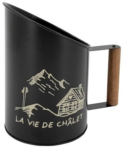 Paletta per pellet decorativa in metallo nero, manico in legno, motivo: montagna, 13 x 13 x 20 cm