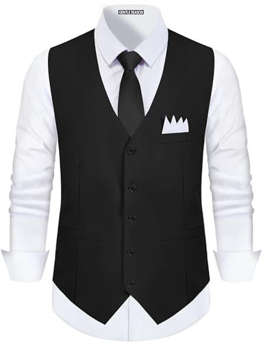 Gentle Season Men's Formal Slim Fit Suit Vest Black Size L | Slim Fit Single Breasted 5 Buttons Waistcoat Vest Set for Men, Adjustable Waist, 3 Real Pockets