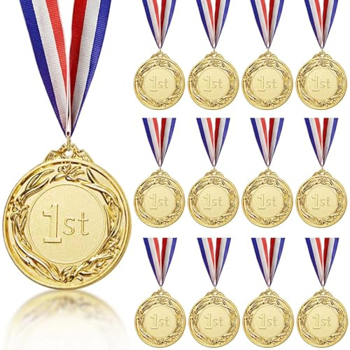 Eulihent 12 Pack Metal Medals for Children Sports Day Medals 2 inch Gold Medals for Kids Adults Winner Medal with Ribbon 1st Achievement Awards for School Events Football Competitions Party