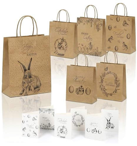 Nordstern Ostern Geschenktüten 6er Set - Papiertüten mit Henkel als Geschenkverpackung - Ostertüten zum Befüllen inkl. 6x Klappkarten, Grußkarten