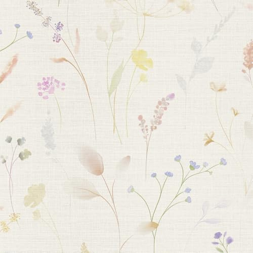 Profhome Blumen Tapete 791701-GU heißgeprägte Vliestapete weiß blau-lila creme-weiß gelb-grün 0,53 m x 10,05 m = 5,33 m2