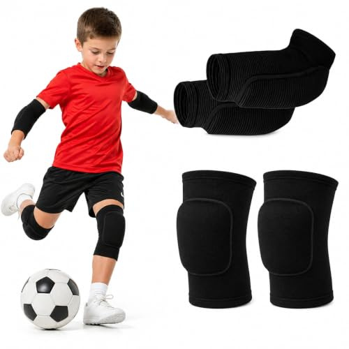 4-teiliges Knieschoner Kinder Set mit Ellbogenschonern für Sport, Größe M | Atmungsaktiv Stoßdämpfung Schutzausrüstung für Volleyball Fußball Basketball
