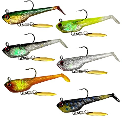 6 Stück Gummifische Angelköder, weiche Paddelschwanz Kunstköder mit Spinnerblatt & Jig Head, Gummiköder Angelset für Barsch, Forelle, Zander, Süß- und Salzwasser Angelausrüstung