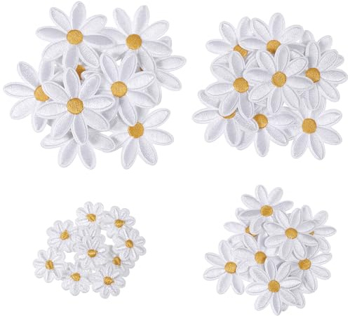40 Stück 4 Größen Gänseblümchen Blume Patch Kleidung Iron-On Patches Blume Patches zum Aufbügeln Blumen Applikationen Patch Dekorativ Bestickt für Hut Jeans Kleidung Rucksäcke DIY-Zubehör (Weiß)