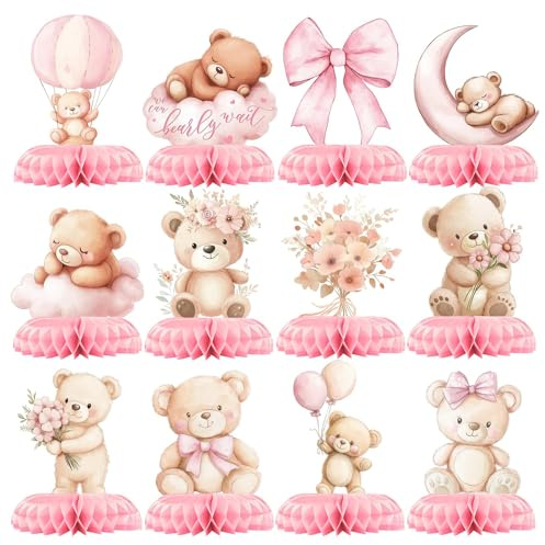 exylosluxek Pack de 12 centros de Mesa de Panal de Osito de Peluche Rosa, decoración de Mesa para Baby Shower de niña, decoración de Fiesta de bebé para niña