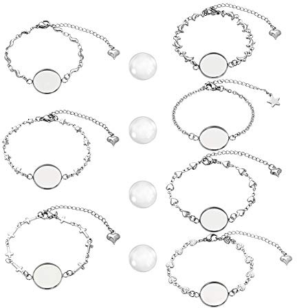 PandaHall 28 Stk Armband Lünette Einstellungen Einschließlich 14 Stk. 304 Edelstahl Lünette Armbänder Leere Tablett Armreifen 14 Stk. 16 mm Flache Runde Klarglas Cabochons Für Schmuck DIY
