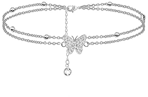 14K Butterfly Silver - Adjustable Layered - Jewelry Anklet Gifts for Women Teen Girls