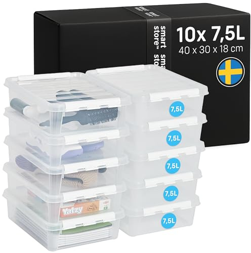 SmartStore - 10x Plastic Storage Box with Lid Classic 7.5L (40x30x11cm) |Plastic Storage Drawers with Lid|Food-Safe Material|Kitchen & Organisation|Durable Container for Home & Office|10-Year Warranty