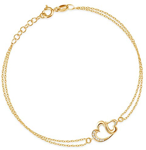 Maverton Herz Damen Armband Gold mit Doppelherzen + personalisierte Geschenkbox mit Gravur - Weihnachtsgeschenke - Goldenes Herzarmband für Frauen - Länge: 18-21cm - 8 oder 14 Karat