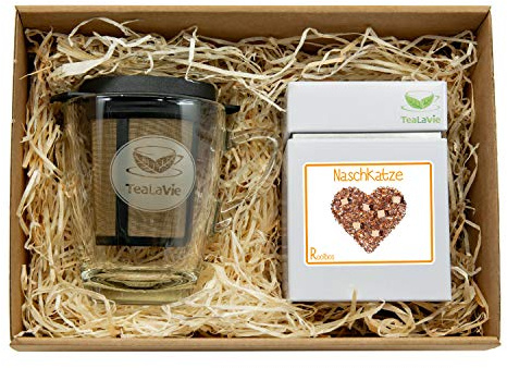 TEALAVIE – Tee Geschenk Set - TeaForOne Naschkatze | Stilvolles Teeglas mit Dauerfilter und exklusiver Teedose – 100g Rooibos Karamell – Tea-For-One-Set mit Sieb