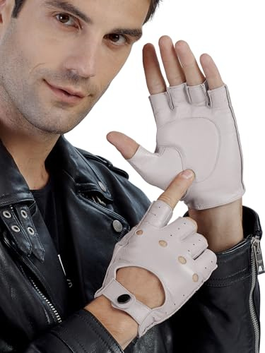 GSG SINCE 1998 Halbfinger Lederhandschuhe Herren – Fingerlose, ungefütterte Fahrhandschuhe aus weichem Schafsleder, atmungsaktiv und flexibel, Geschenkverpackung Weiß L