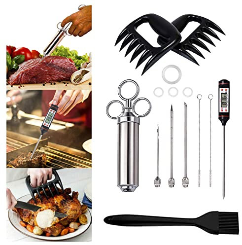 BBQ Bratenspritze Set Select Zone Fleischspritze in Edelstahl 304 mit 1 Marinierpinsel 3 Nadeln 1 Paar Fleischkrallen 1 Grillthermometer für BBQ Grill