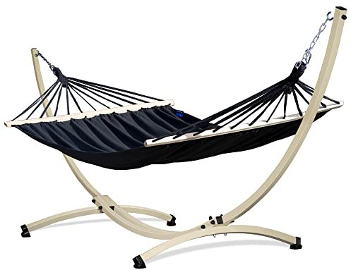 Potenza Outdoor Hängematte mit Gestell für 2 Personen I Stabhängematte XXL 220x160, 200kg I Verzinkter Hängemattengestell 220kg Wetterfest (Schwarz, Gestell Ecru)