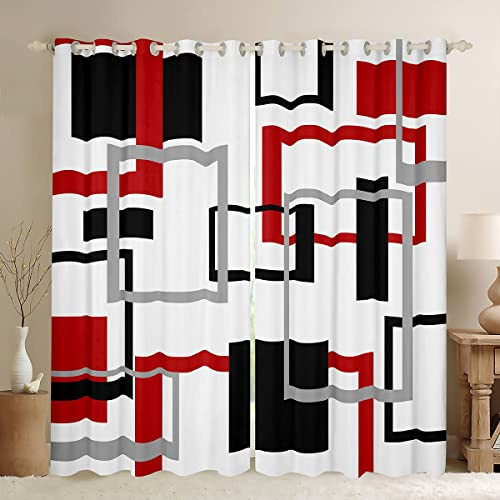 Homewish Geometrie Quadratische Vorhänge Weiß Schwarz Rot Grau Streifen Verdunkelungsvorhänge Geometrische Gitter Karierte Gardinen Kinder Jungen Mädchen Moderne Kreative Kunst Fenstervorhänge,175x140