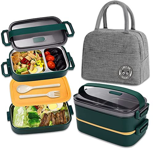 Haoh Lunch Box Acciaio Kit, 1100ml 2 Strati Ermetica Porta Pranzo da Ufficio con Posate e Borsa Termica Porta Pranzo, Bento Box Acciaio per Picnic Scuola Uffici Adulto(Verde)