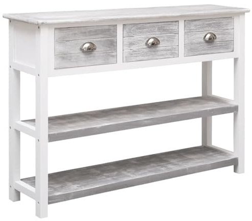 vidaXL Paulownia-Holz Massiv Sideboard 3 Schubladen Kommode Anrichte Schrank Beistellschrank Konsolentisch Flurschrank Antik-Grau 108x30x76cm