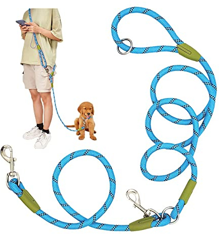 Laisse Mains Libres pour Chien pour la Course, la Marche,Double Laisse en bandoulière, 1,2 cm d'épaisseur, en Nylon réfléchissant très résistant pour Chiens de Petite, Moyenne et Grande Taille (Bleu)