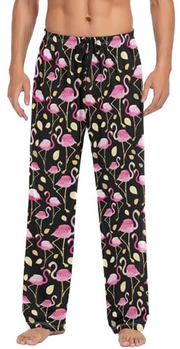 ODAWA Pyjamahose für Herren, traditioneller Stil, Schlaf-Lounge-Hose mit Taschen, lange PJ-Hose, Muster rosa Flamingos07, X-Large