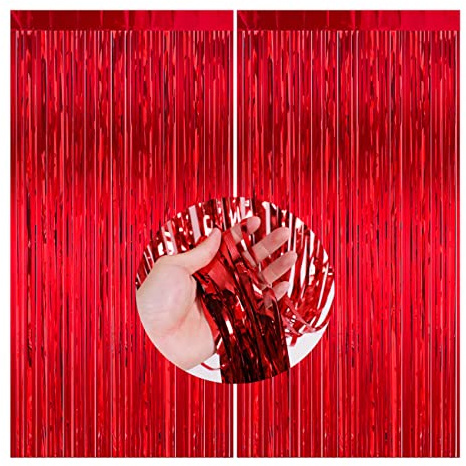 CC wonderland zone 2 Stück Rot Lametta Vorhänge - Metallische Folienvorhänge (1m x 2m) Tinsel Curtain für Geburtstag Brautparty Babyparty Hochzeit Valentinstag Party Dekorationen