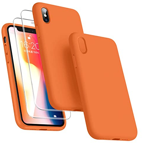 Dssairo [3-in-1 für iPhone X Hülle/iPhone XS Hülle, mit 2 Stück Displayschutzfolien, Flüssigsilikon, schmal, stoßfest, Schutzhülle 5,8 Zoll [Mikrofaserfutter] (Orange)