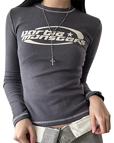 tinetill Crop Top Femmes Y2K Dos Nu T-Shirt Cropped Chemise À Manches Longues Motif Imprimé Pull Slim Fit Blouse Vintage Summer Top Party Streetwear