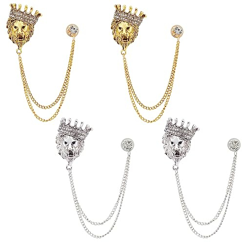 AHANDMAKER 4 Pièces Broche Lion avec Couronne Strass, à la Mode Hommes Broche Épinglettes pour Costumes Hommes Accessoires Bijoux Doré Cristal Suspendu Chaîne Mariage