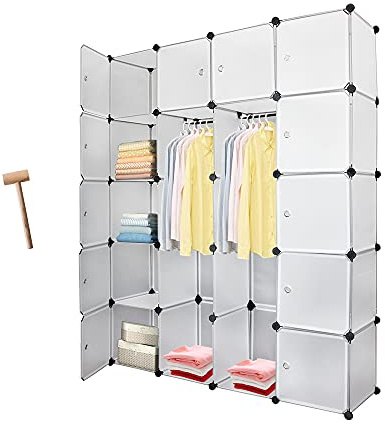 Sonnewelt Tragbar Kleiderschrank mit Türen, 20 Fächer, Weiß, 180×142×37cm | Steckbares Kunststoff-Würfelregal mit Türen für Kleidung, Schuhe, Spielzeug und Bücher