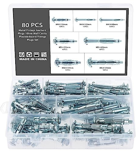 Knpwer 80 Stück Hohlraum Metalldübel mit Schraube, Hohlraumdübel Metall Spreizdübel,Hohlraum Metalldübel mit Innengewinde,Metall Hohlraumdübel