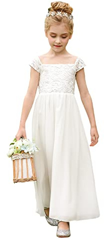 PLWEDDING Chiffon A-line abito da ragazza floreale prima comunione abiti per bambini compleanno matrimonio abiti da festa, bianco, 10-11 Anni