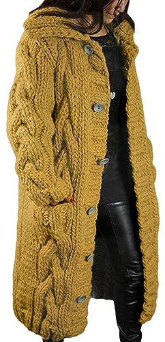 Yegirlzs Cardigan Lungo Donna Maniche Lunghe Cappotto a Maglia Casual Giacca con Bottoni Cappotti Aperto con Tasche per Autunno Inverno A Giallo XL
