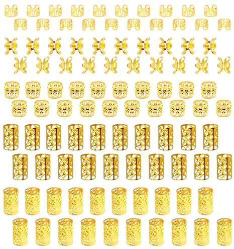 INNAL 100 PCS Anillos para el Pelo Ajustable Anillos Dreadlock de Aluminio 5 Estilos Dreadlocks Accesorios Trenzas Pelo Mujer y Hombres(Oro)