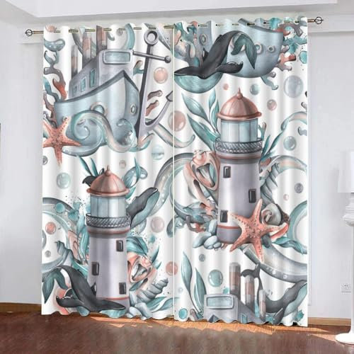 GIOVIA 3D Seestern Gardinen Abdunkelnde Maritim Leuchtturm Kindervorhänge Vorhang mit ösen 2er Set Vorhänge Blickdicht Verdunkelungs für Kinderzimmer Schlafzimmer Wohnzimmer B 140 X H 160 cm