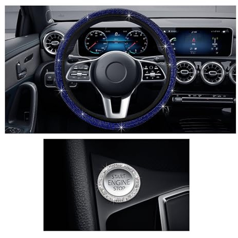 Ziciner Bling Car Steering Wheel Cover, Crystal Glitter Rhinestone Wheel Protector for Vehicle, Universal Automotive Interior Decorative Accessories with Start Button Starter Ring (Blue)